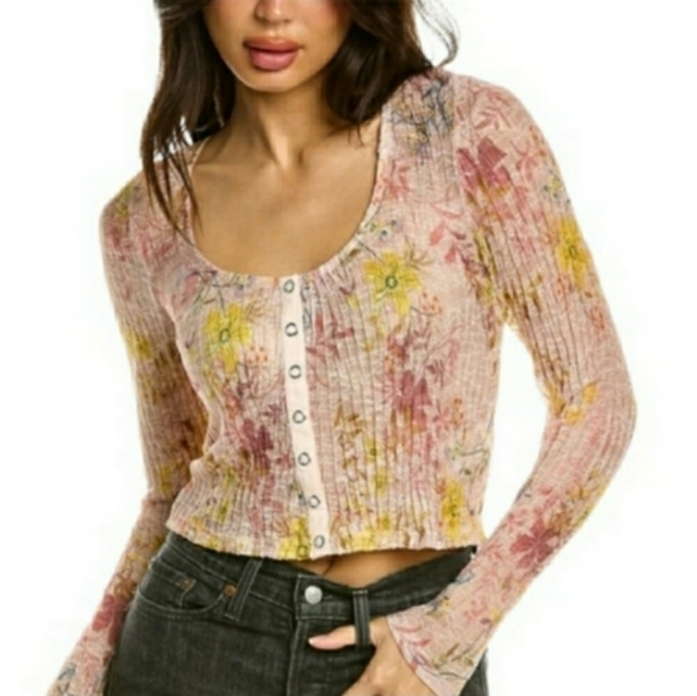 Free People - We The Free Long Sleeve Floral Lace Cropped Top